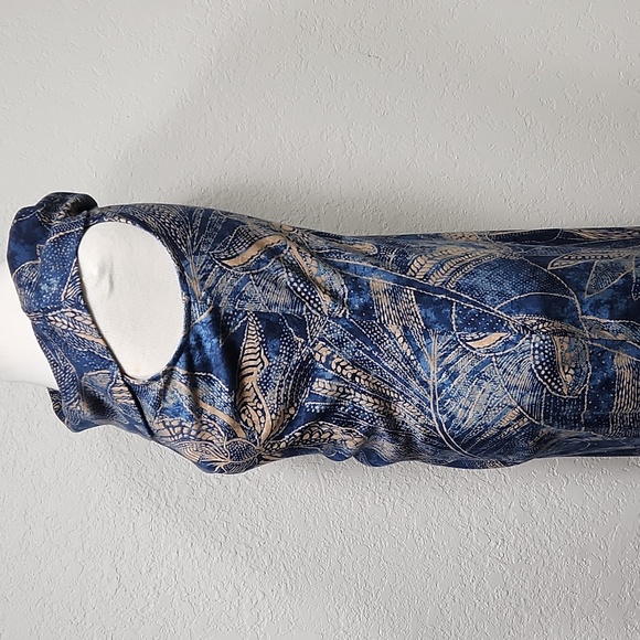 Ralph Lauren Blue w/Tan Floral & Tribal Design Scarf Neck Bodycon Dress Sz. M - Picture 4 of 13